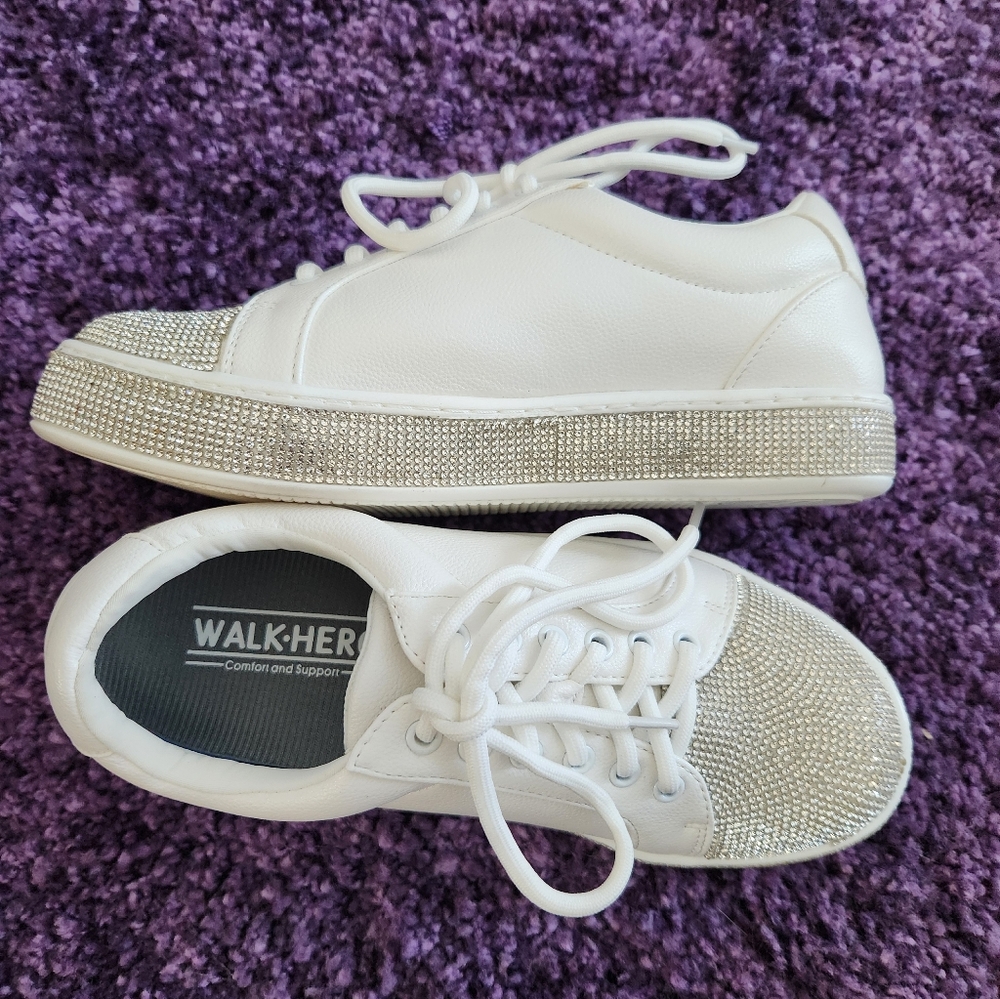 White and Silver Embellished Women's Sneakers